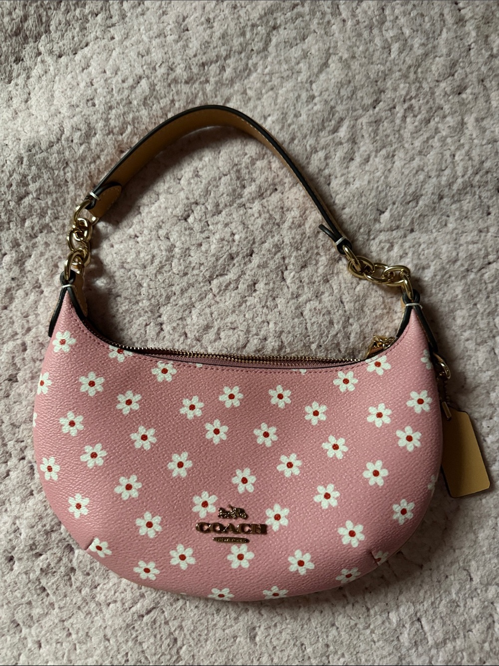 Coach Pink Daisy Mini Shoulder Bag with Gold Hardware